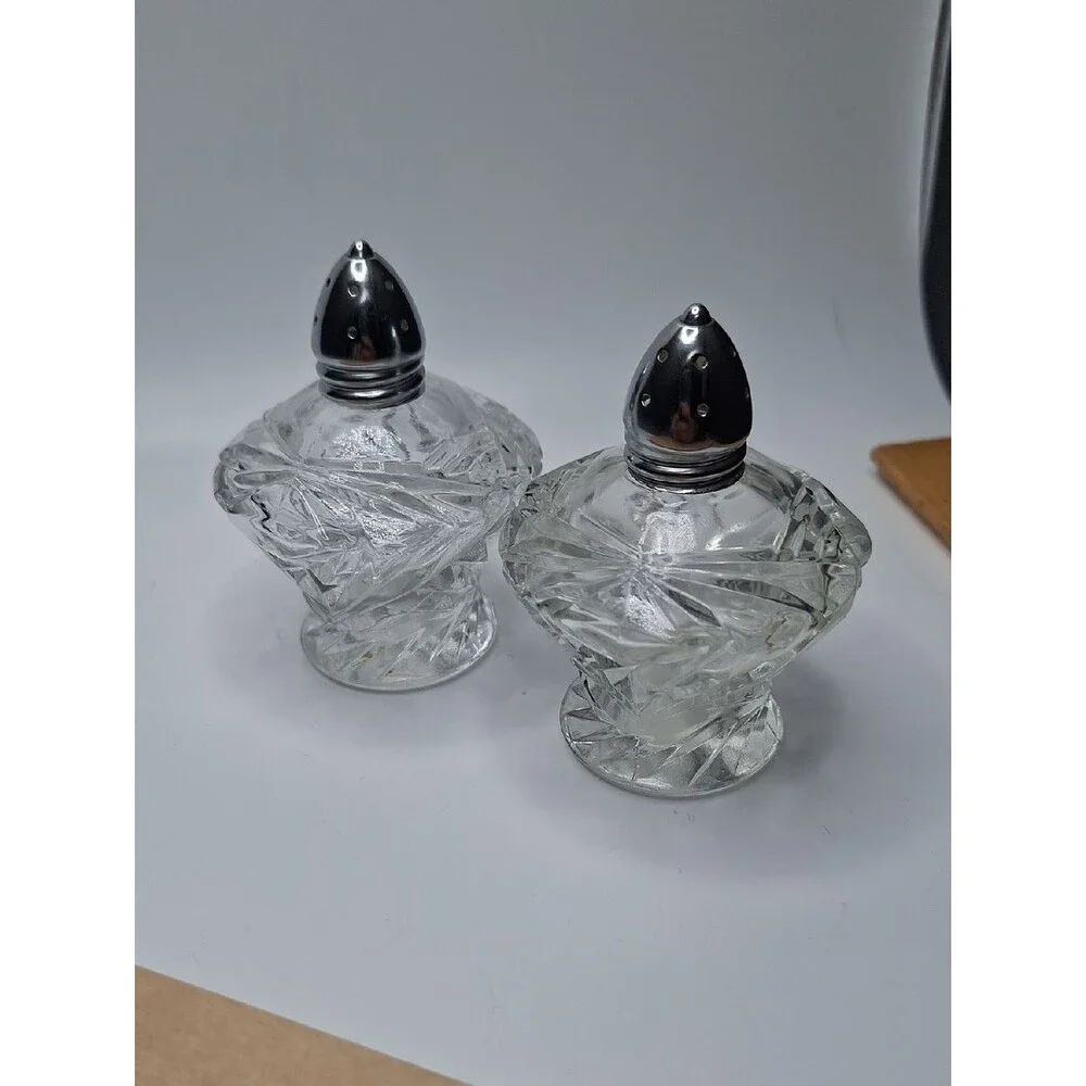 Vintage Cut Crystal Salt and Pepper Shakers with Silver Tops